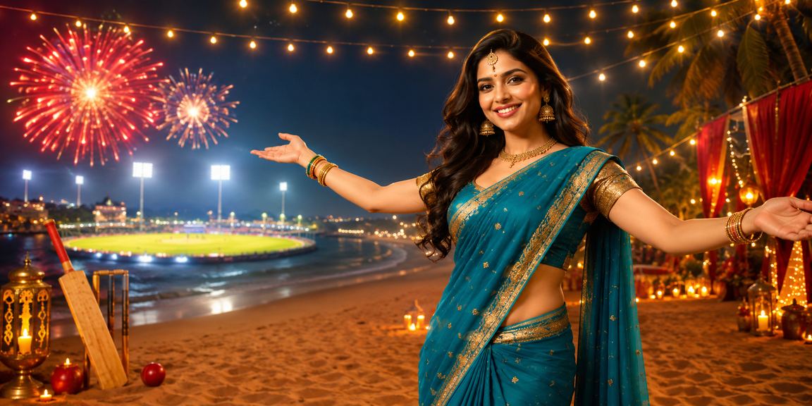 Indian woman in traditional saree placing cricket sports bet
