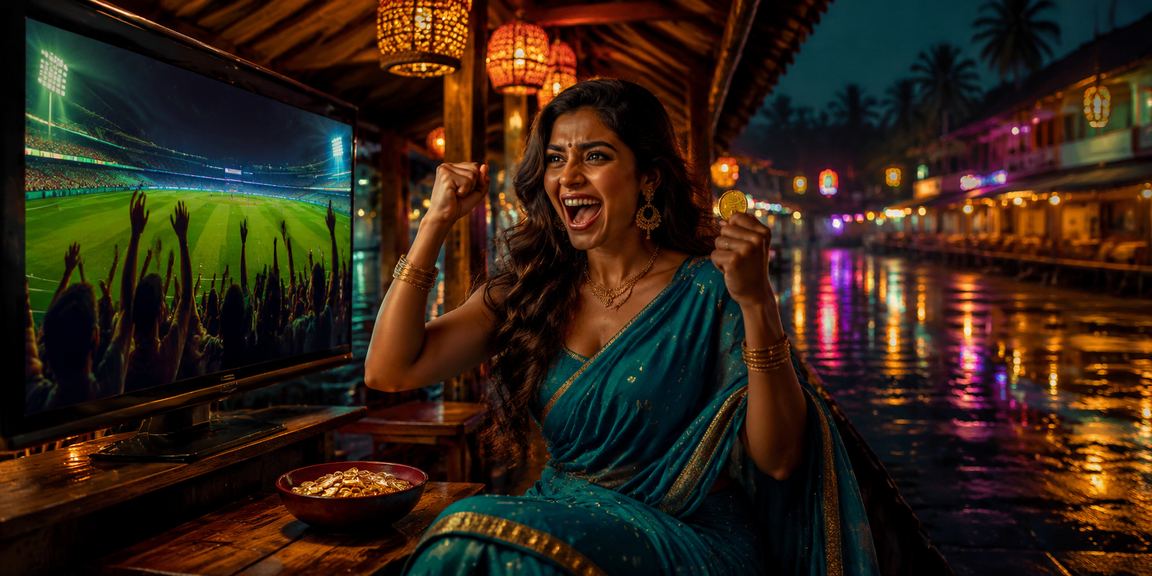 Kerala sports betting market with traditional attire and neon lights