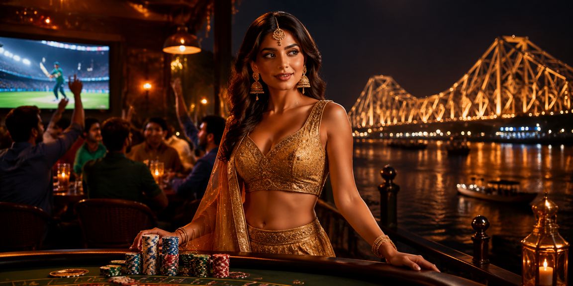Woman playing Andar Bahar on mobile device alongside Kolkata's iconic Howrah Bridge